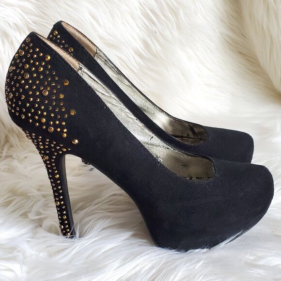 Material Girl Black Suede Gold Rhinestone Platform Heels SZ 10 - Picture 1 of 11